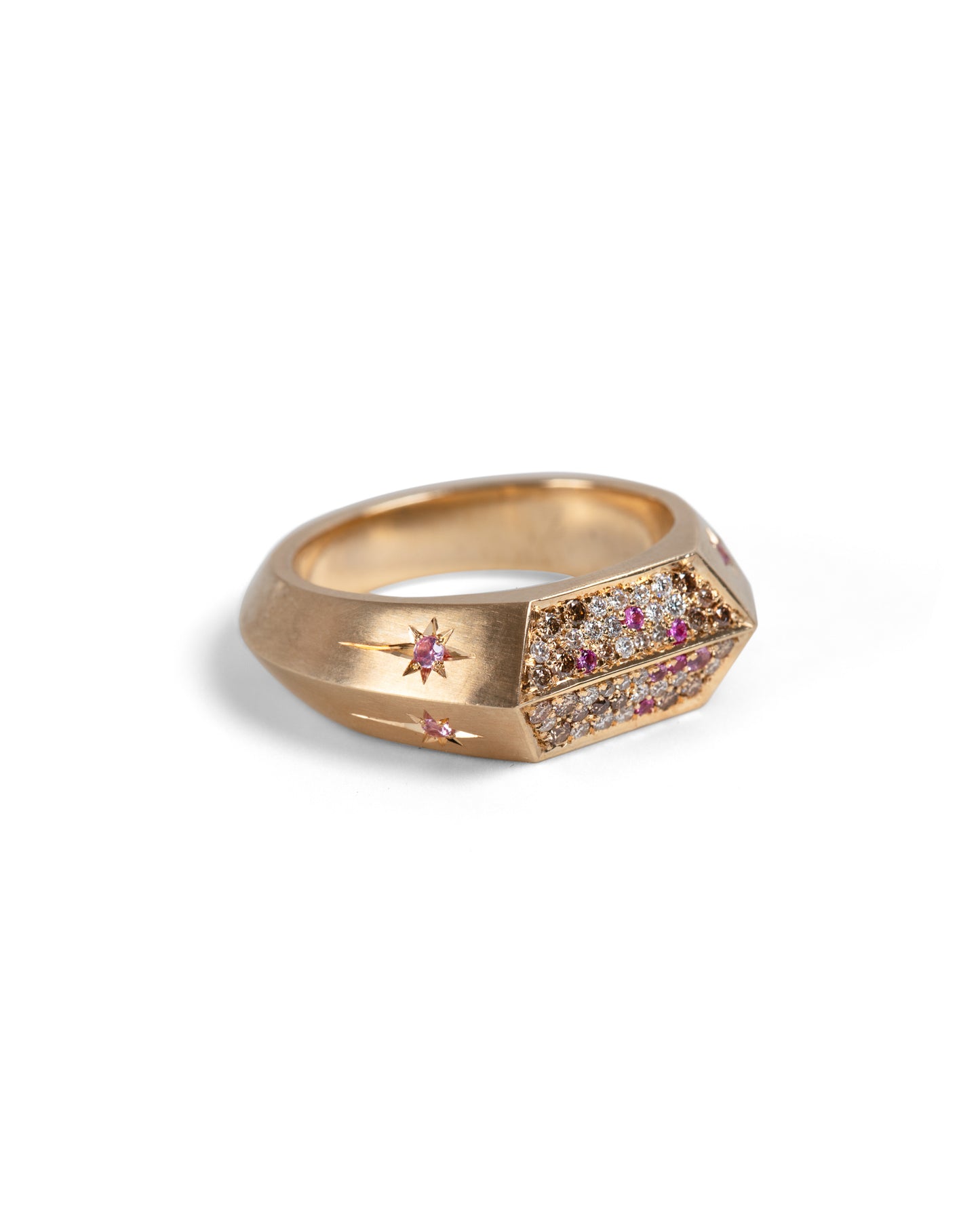 flat view of angular signet ring with diamonds and pink sapphires