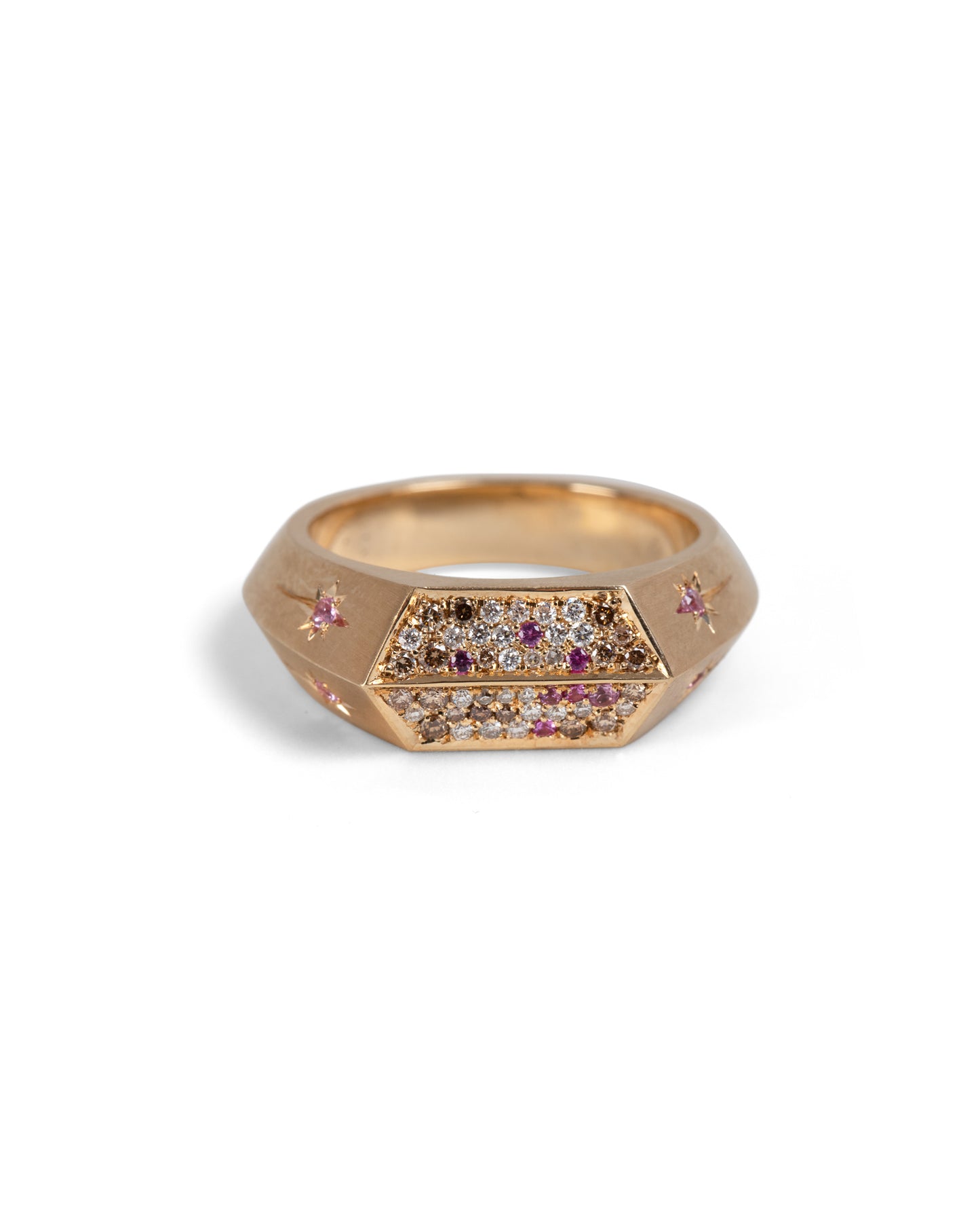 front view of angular signet ring with diamonds and pink sapphires