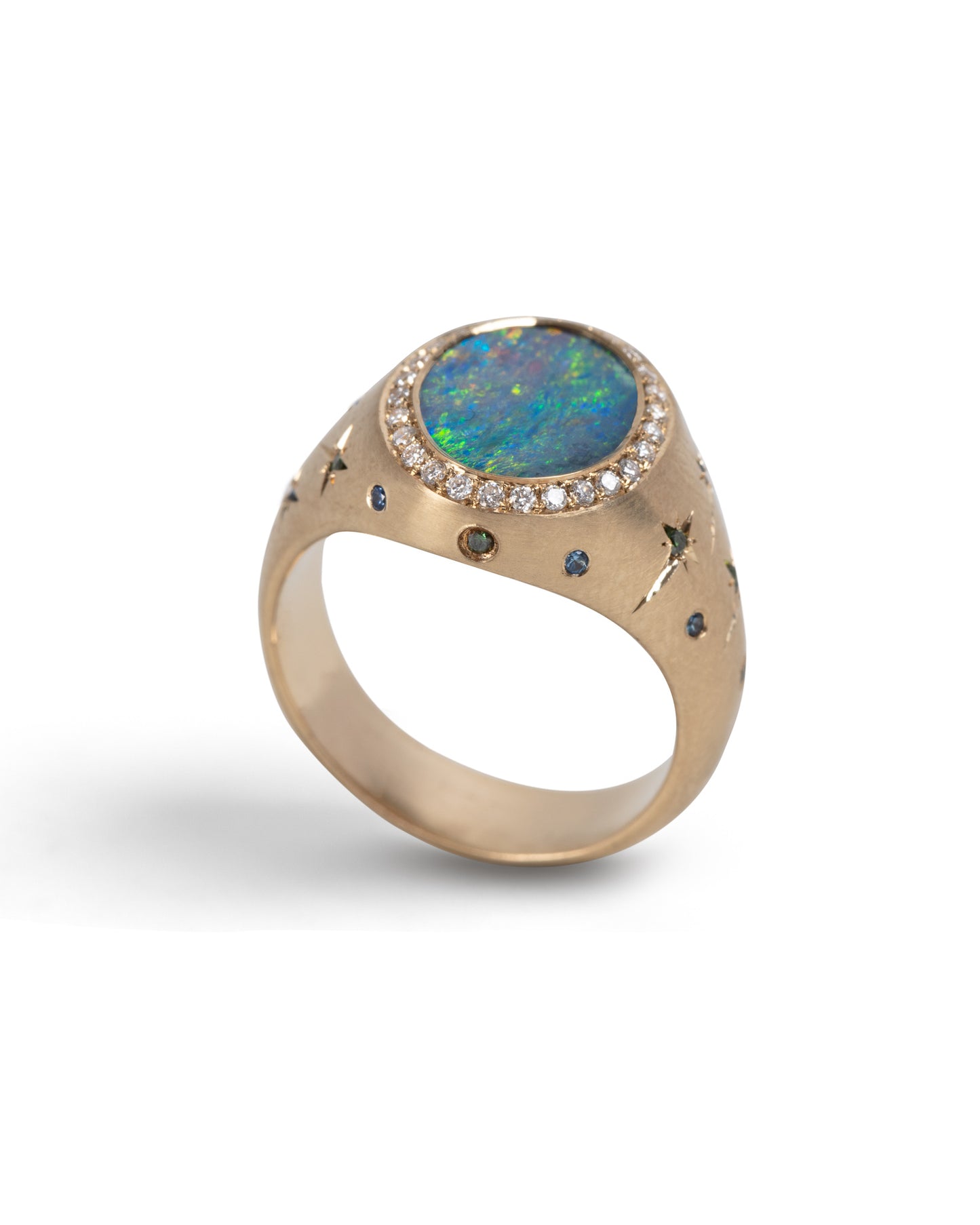 angled view of gold opal and diamond signet ring