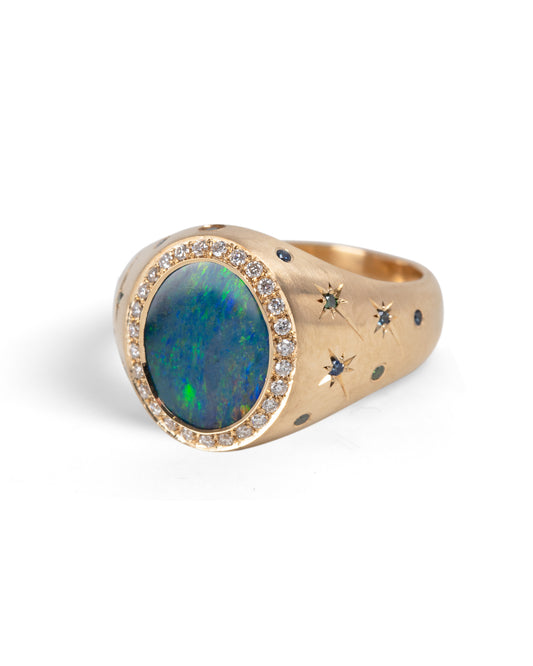 front view of gold opal and diamond signet ring