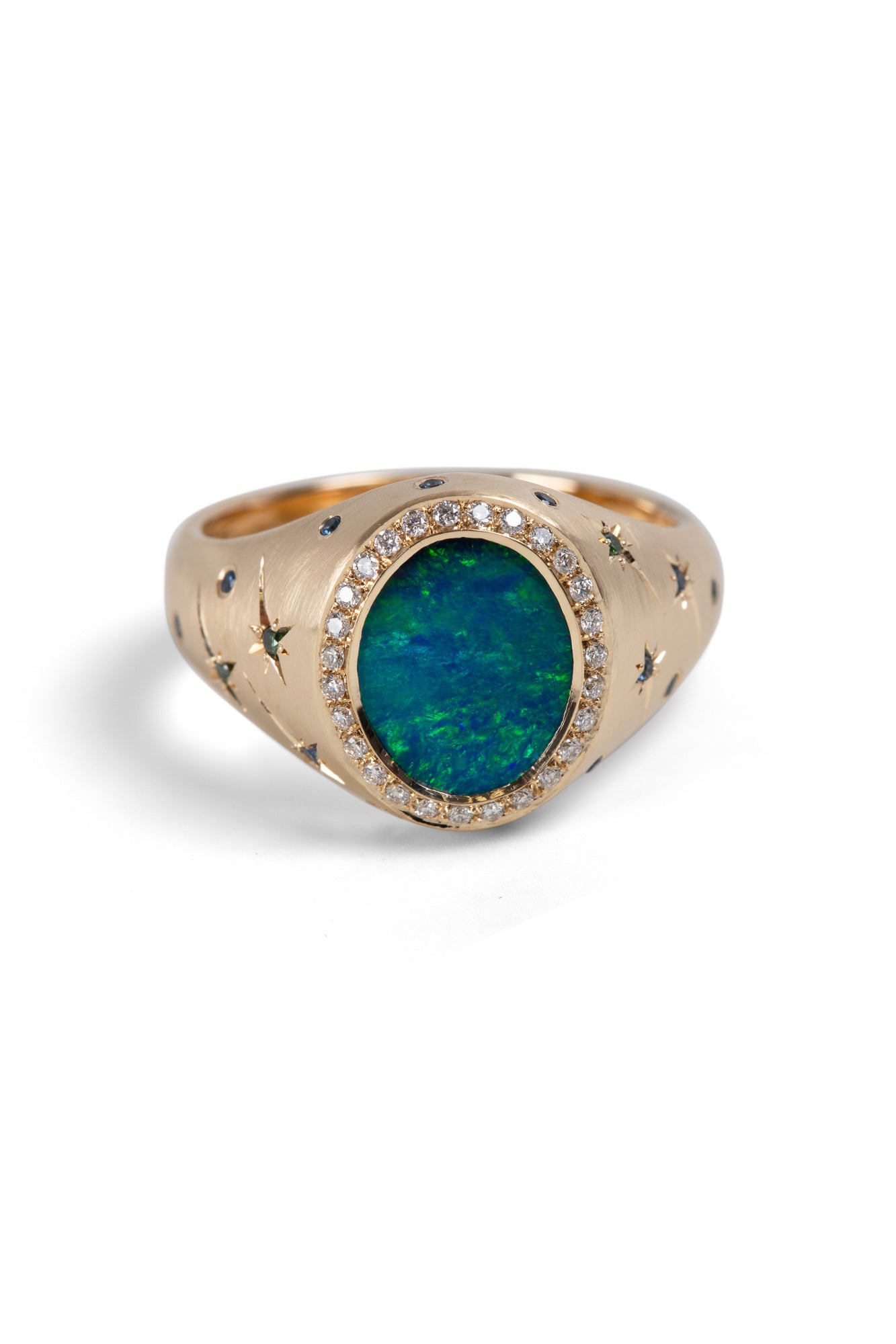 front view of gold opal and diamond signet ring
