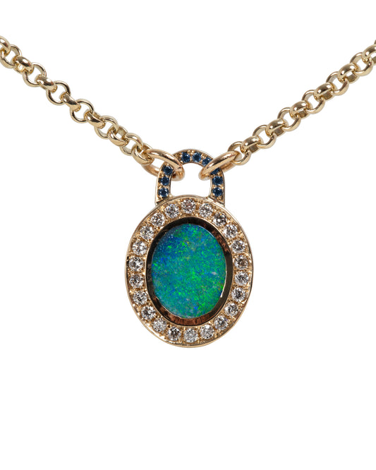 Gold opal necklace with pavé set diamonds