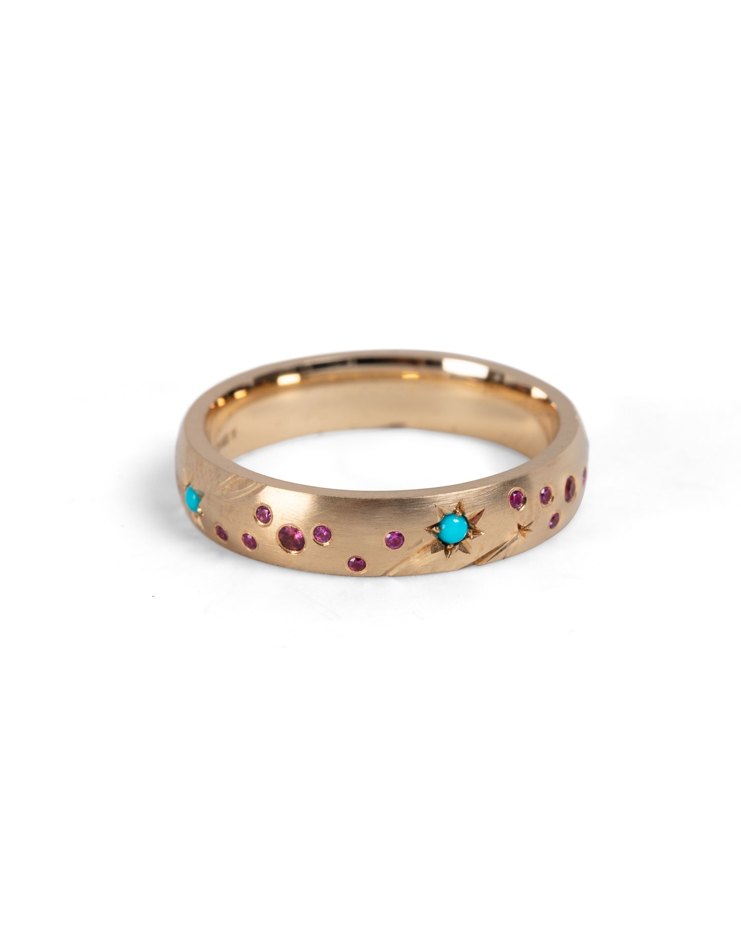 gold wedding band with star set turquoise and tourmaline