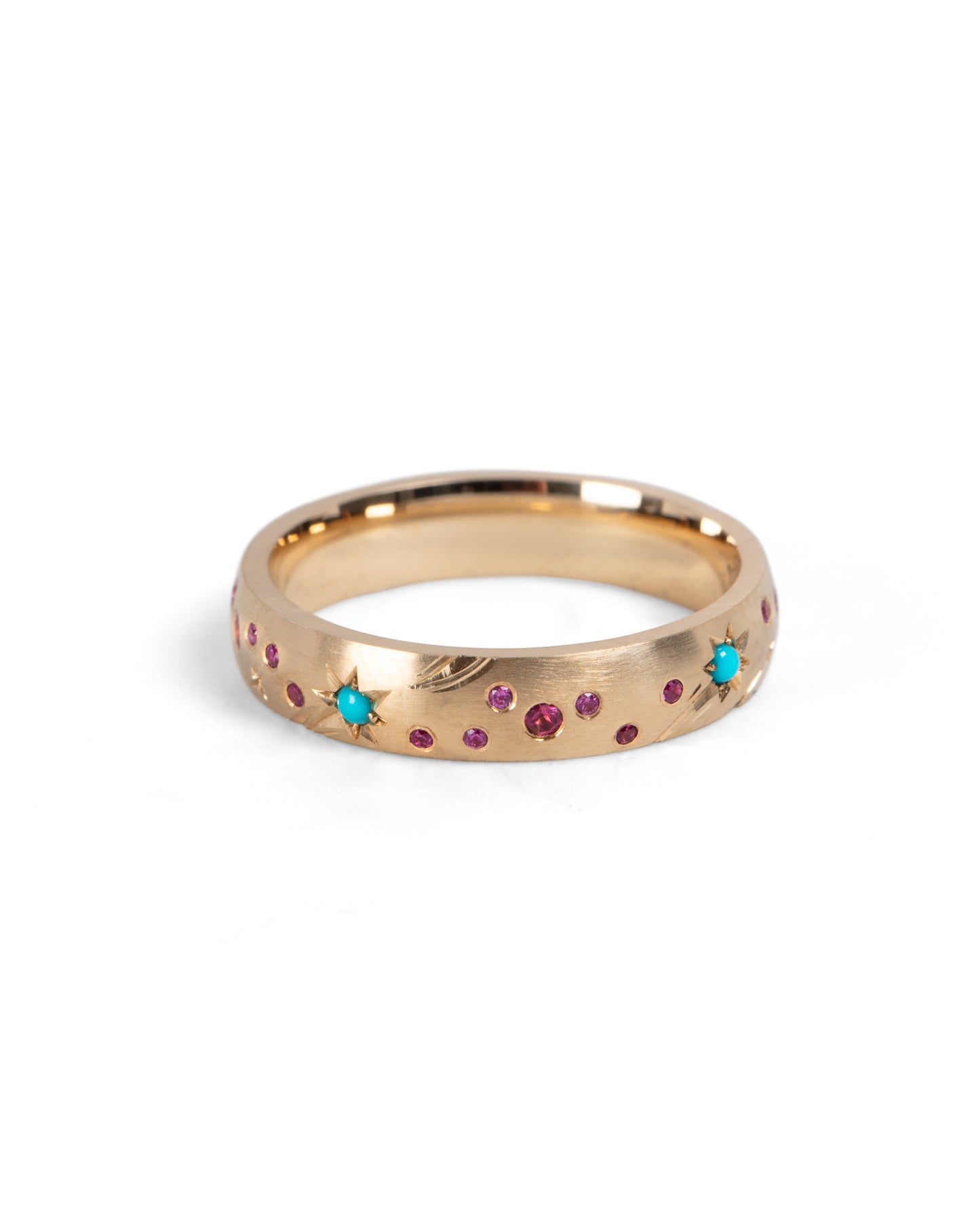 gold wedding band with star set turquoise and tourmaline