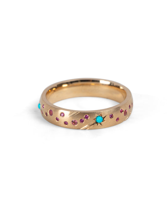 gold wedding band with star set turquoise and tourmaline